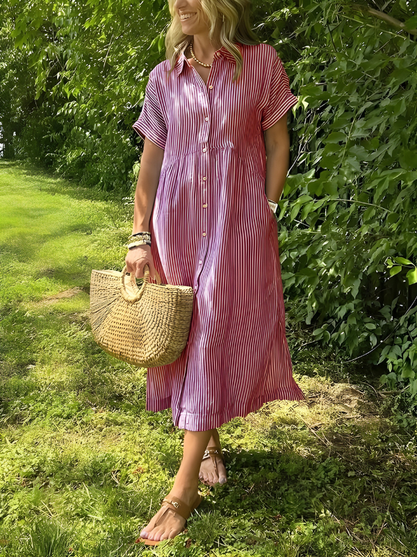 Marina™ Elegant Striped Maxi Shirt Dress with Pockets