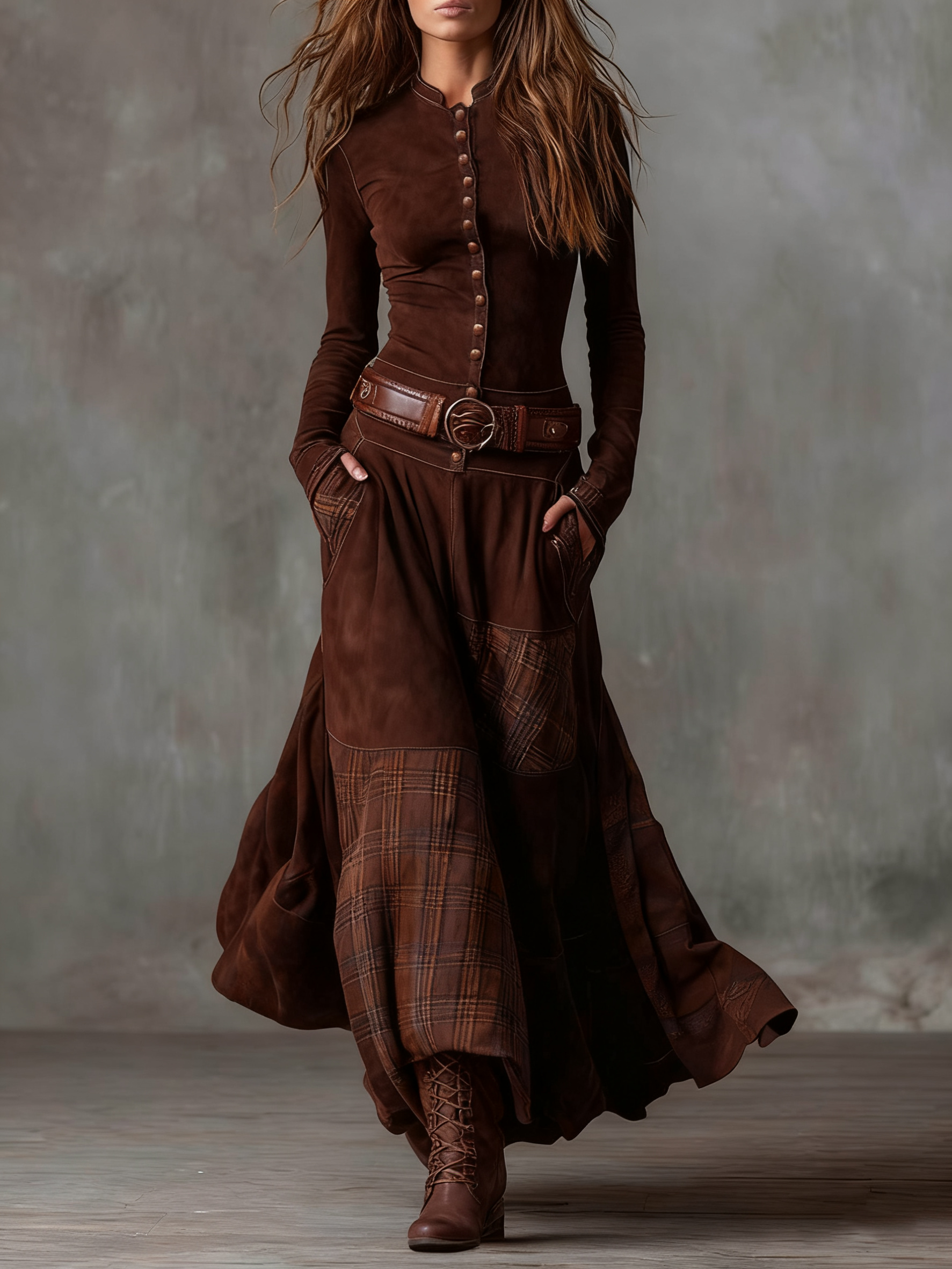 Natasha™ Vintage Plaid Suede Maxi Dress